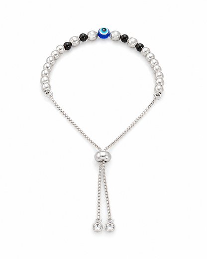 Evil Eye Silver Beaded Adjustable Bracelet | Nazar Protection Bracelet with Crystal Tassel for Women
