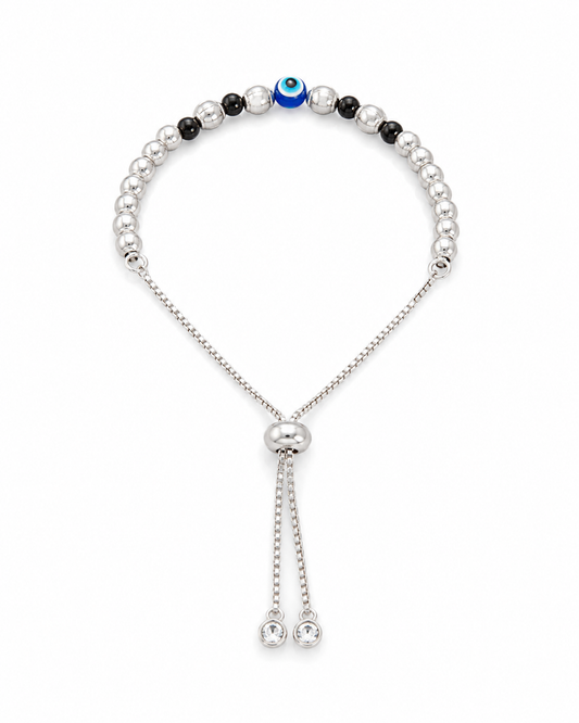 Evil Eye Silver Beaded Adjustable Bracelet | Nazar Protection Bracelet with Crystal Tassel for Women