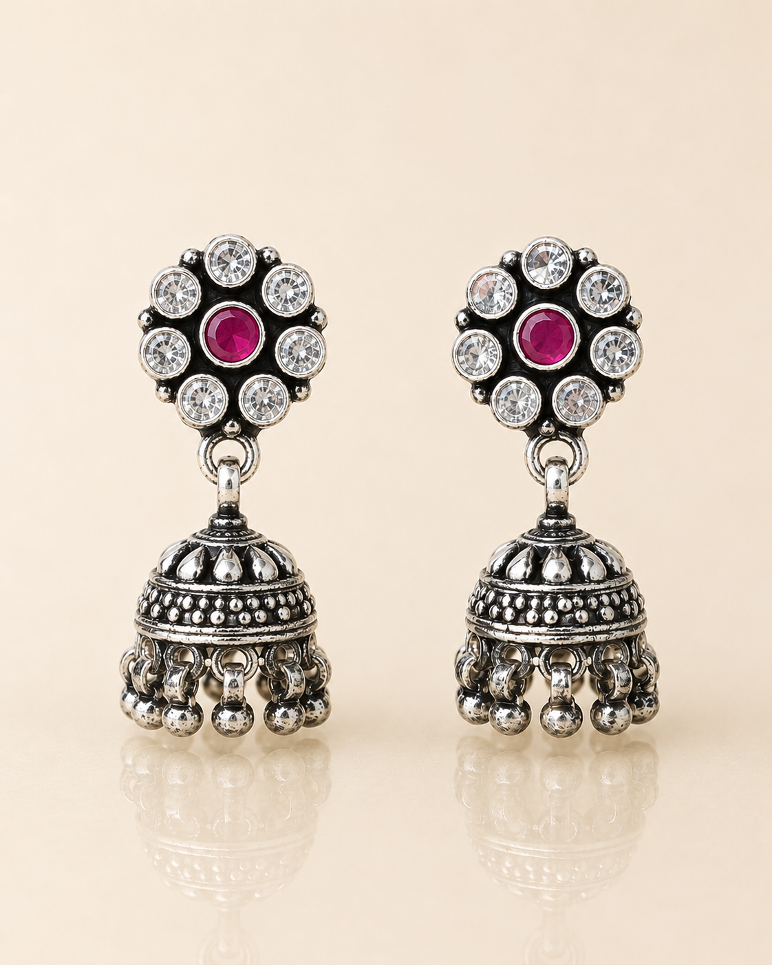 Oxidised Ruby Pink and CZ Floral Stud Jhumka Earrings for Women