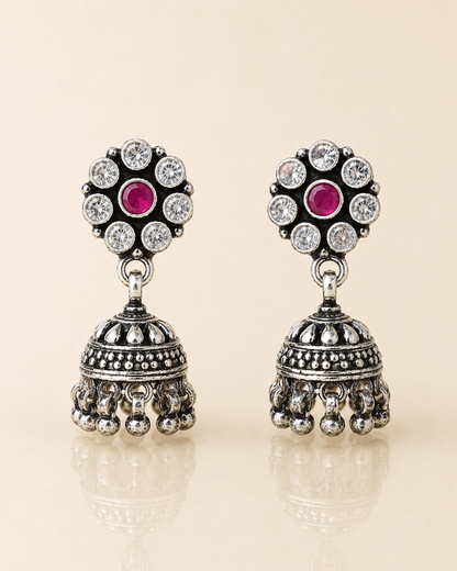 Oxidised Ruby Pink and CZ Floral Stud Jhumka Earrings for Women