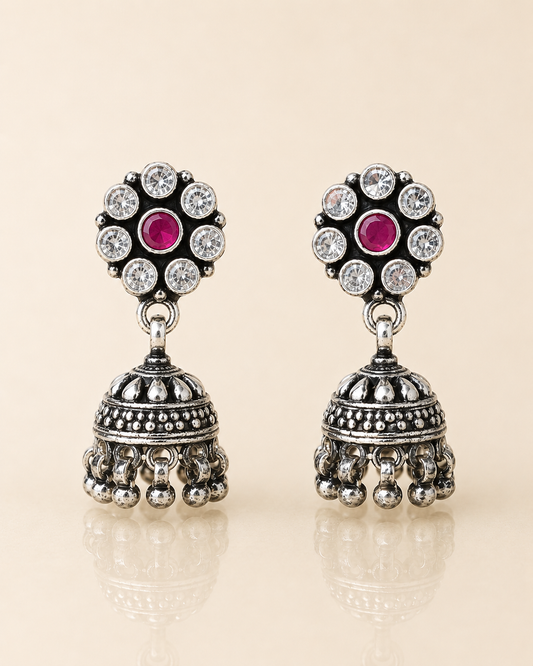 Oxidised Ruby Pink and CZ Floral Stud Jhumka Earrings for Women