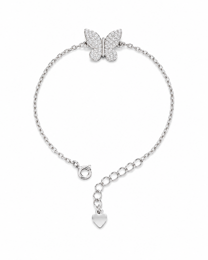 Silver bracelet with butterfly and heart charm on a white background