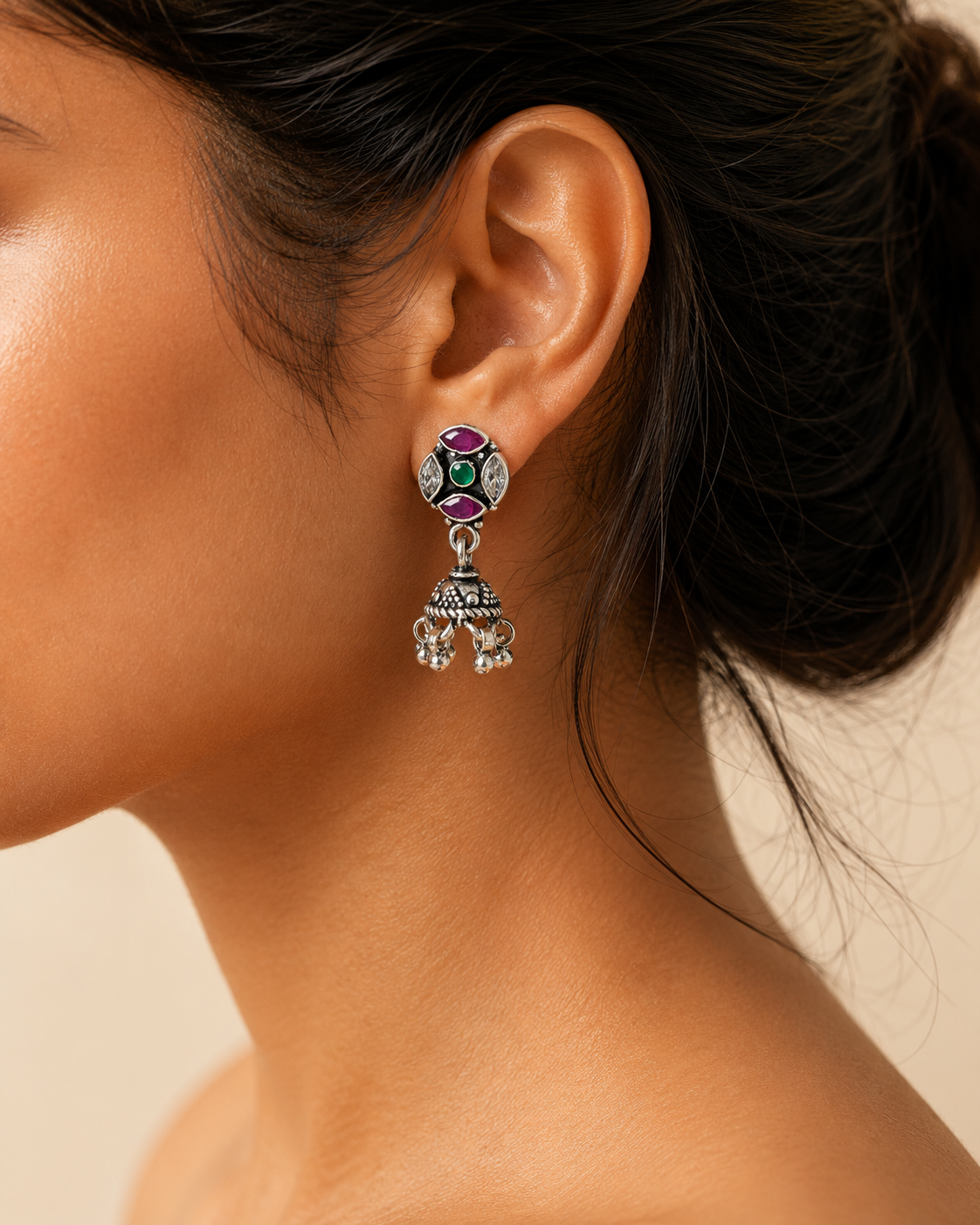 Oxidised Multicolour Ruby Pink Emerald Green and CZ Marquise Stud Jhumka Earrings for Women