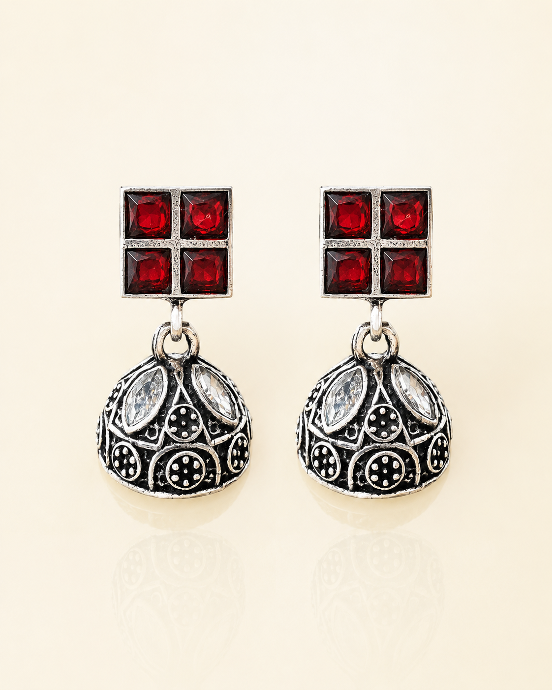 Oxidised Ruby Red Square Stud Jhumka Earrings for Women