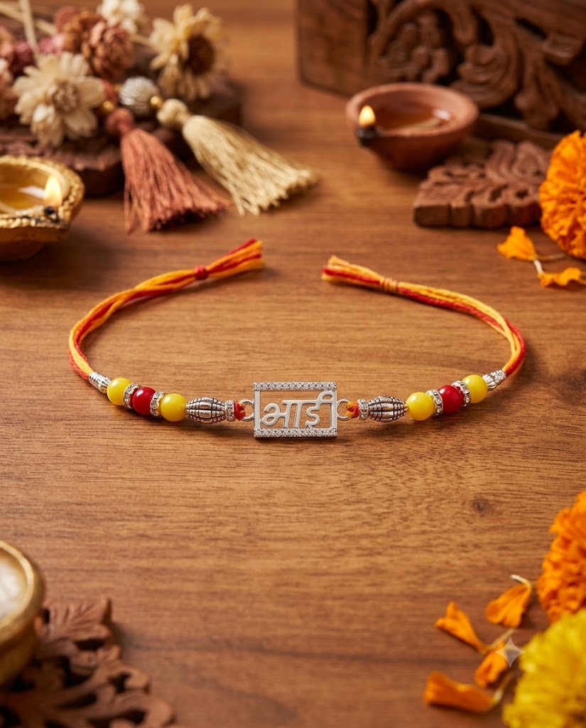 Rakhi bracelet with decorative elements on a wooden surface