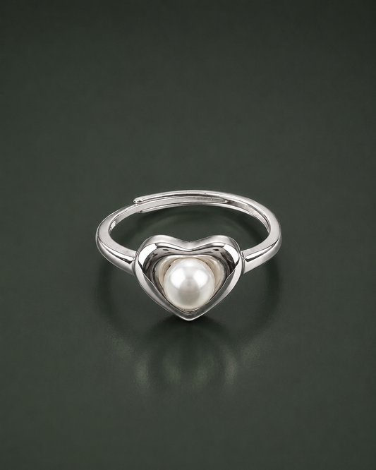 925 sterling silver heart pearl adjustable ring, romantic shell pearl solitaire ring for women