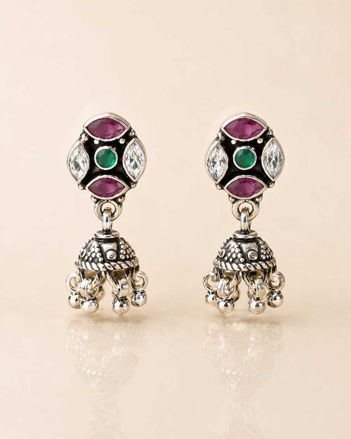 Oxidised Multicolour Ruby Pink Emerald Green and CZ Marquise Stud Jhumka Earrings for Women