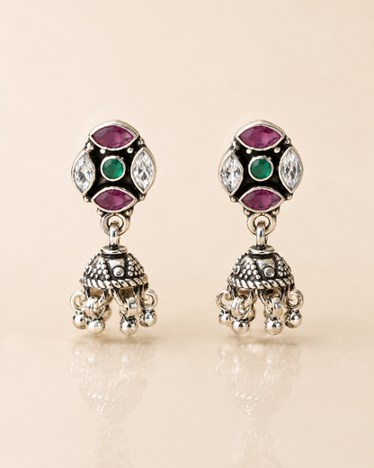 Oxidised Multicolour Ruby Pink Emerald Green and CZ Marquise Stud Jhumka Earrings for Women