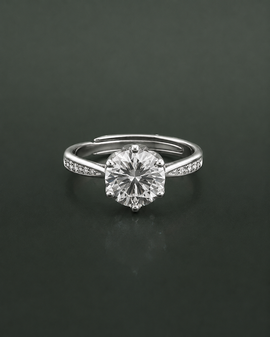 925 sterling silver round solitaire crown adjustable ring, classic CZ engagement-style ring