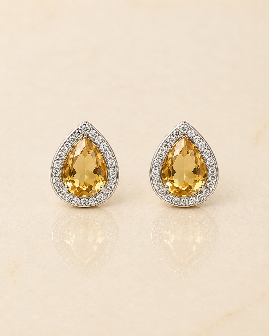 Champagne Citrine Teardrop CZ Halo Stud Earrings for Women