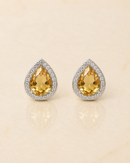 Champagne Citrine Teardrop CZ Halo Stud Earrings for Women