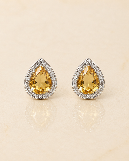 Champagne Citrine Teardrop CZ Halo Stud Earrings for Women