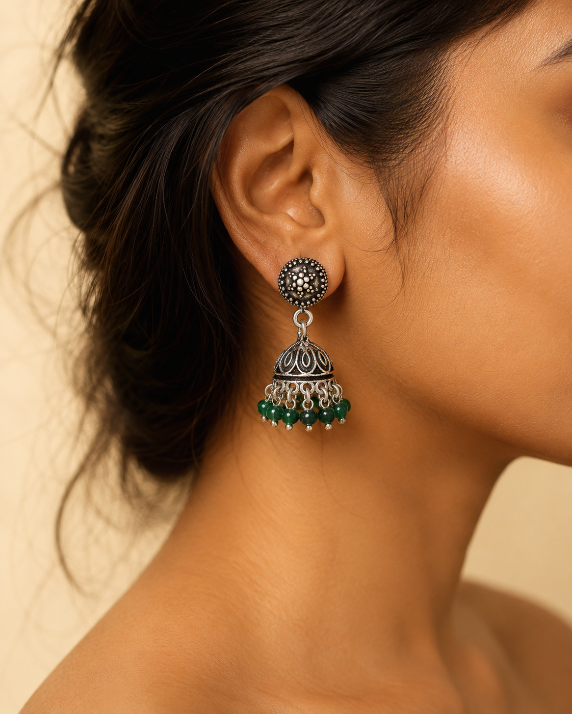 Green Beaded Oxidised Silver Jhumka Earrings for Women