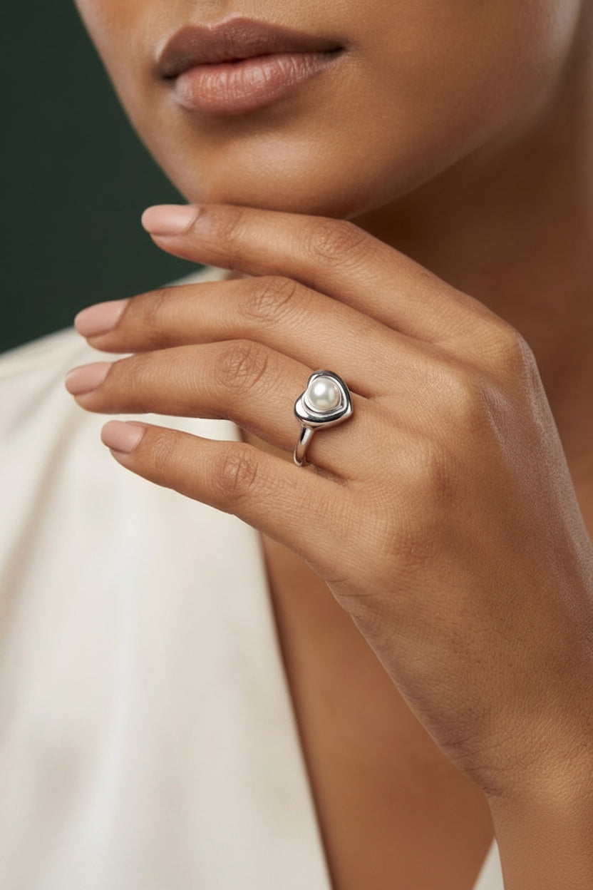 Heart Pearl Adjustable Ring for Women | Romantic Shell Pearl Solitaire Ring