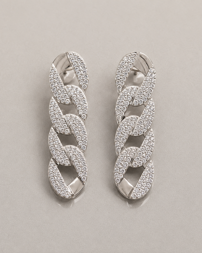 Pair of silver chain-style earrings on a light gray background