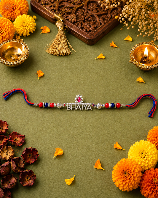 925 sterling silver 'BHAIYA' lotus stone Rakhi